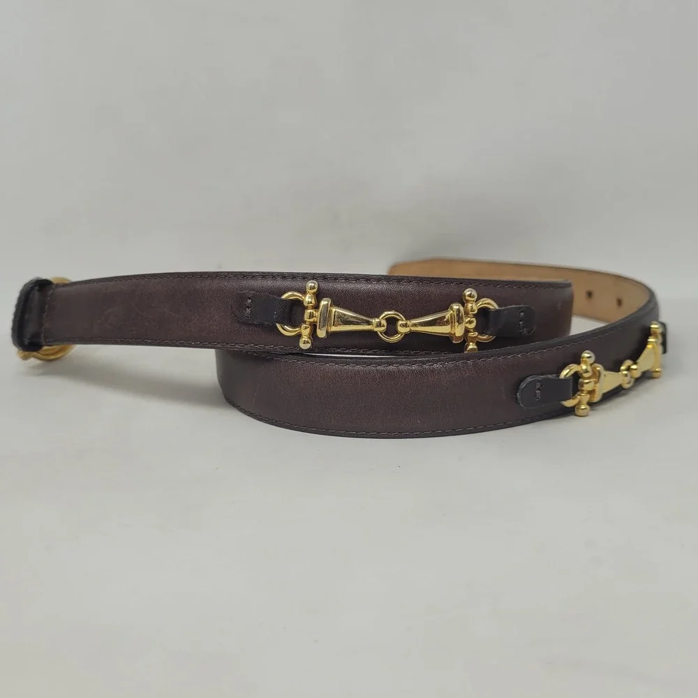 VTG Talbots Belt Lg Brown Leather Gold Snaffle Bit Horsebit Equestrian USA 90s
